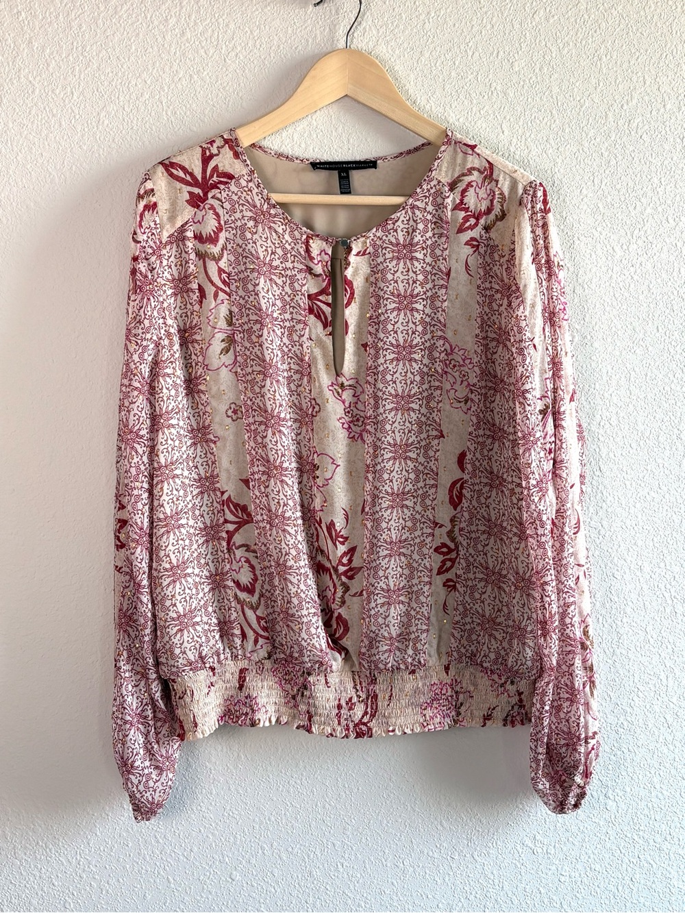 White House Black Market Cream and Red Printed Long-Sleeve Blouse
